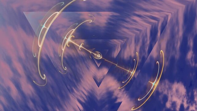 Captivating motion graphic featuring nested triangular forms, glowing energy arcs, and soft pastel cloud formations. A futuristic surreal background with immersive depth and motion.