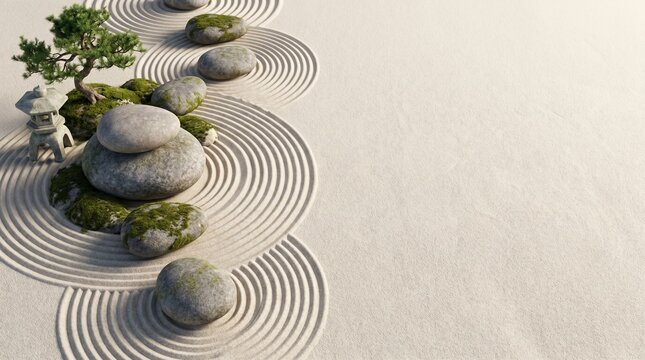 Zen Garden Illustration with Rocks and Bonsai Tree