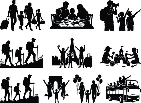 Family travel and tourism silhouettes set featuring vacation activities hiking sightseeing and open top bus tours