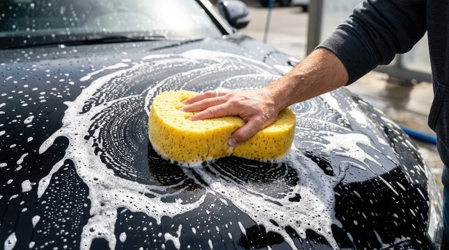 A man uses a large yellow sponge to wash the hood of a black shiny car
