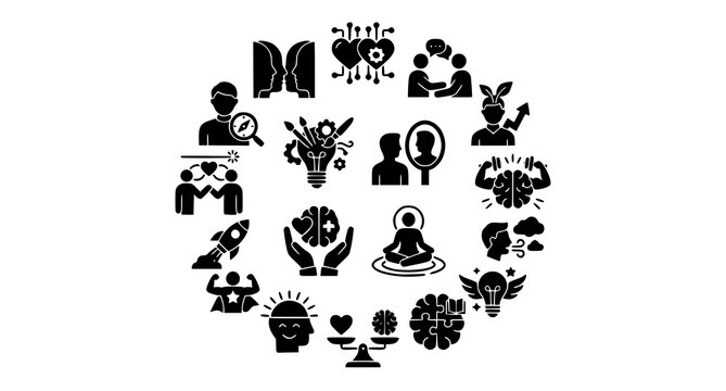 Black icons depicting mental health wellness and creativity concepts in a circular pattern on a white background