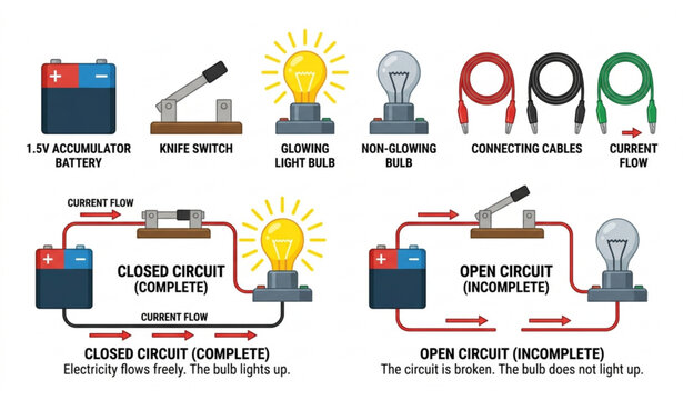 STEM Electric Circuit Experiment Vector Set with Accumulator Battery Open Circuit and Closed Circuit Concepts