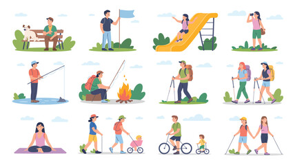 Fototapeta premium Active People Characters Hiking, Camping by Campfire, and Slide Activity in Nature Vector Illustration Set