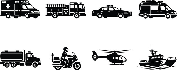 Emergency and Public Service Vehicle Icons Set Including Ambulance Fire Truck Police Car and Rescue Transport © MdRobiul