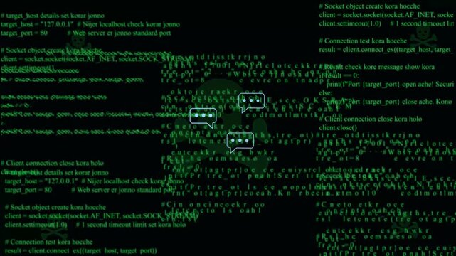 Abstract green matrix digital code background with floating message chat bubble icon for encrypted network communication concept
