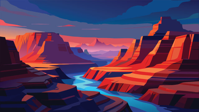 Dramatic canyon gorge with flowing river at dusk landscape mountains wilderness illustration outdoors sunlight background environment national adventure exploration topography formation