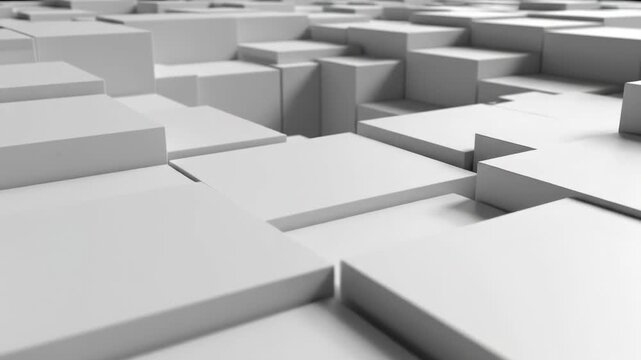 Abstract white 3D rectangular blocks in staggered grid pattern with soft shadows, varying heights, depth of field, and clean minimalist geometric background design.