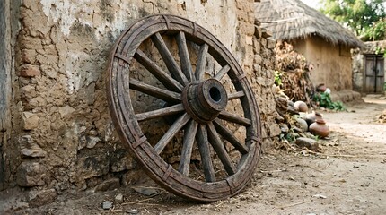 Obraz premium Antique wooden bullock cart wheel with iron rim leaning against weathered village wall