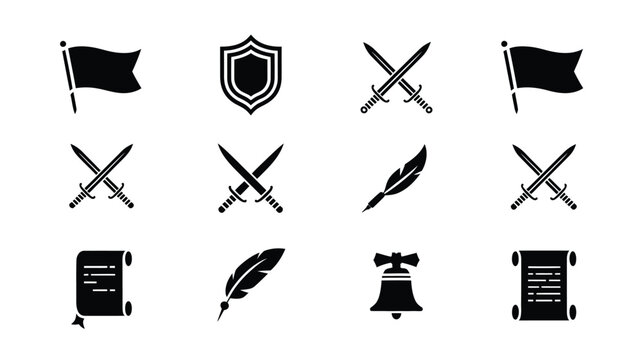 Set of black icon vectors featuring flags shields crossed swords scrolls and quill pens.