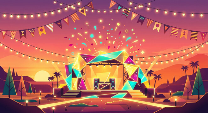 Vibrant festival stage, colorful desert party background, illuminated string lights, tropical celebration scene