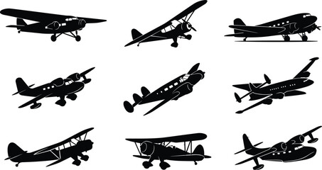 Vintage Aircraft Silhouette Collection Featuring Propeller Planes and Classic Aviation © MstKhadijatul