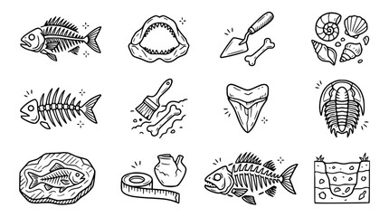 Doodle Icons: Fossils, Paleontology, Archaeology, Excavation, Marine Life, Ancient History © Roti