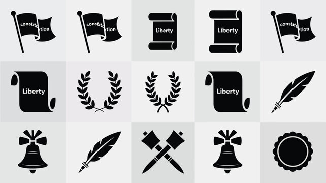 Patriotic usa symbols featuring flags constitution liberty bell and quill pen.
