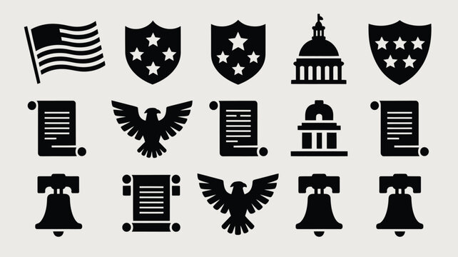 American political symbols set including capital dome eagle shields and founding documents.