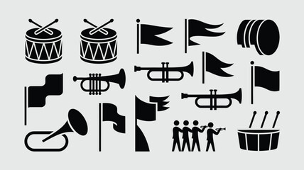 Military parade and marching band icons featuring heavy drums brass instruments and banners. © Jayshri