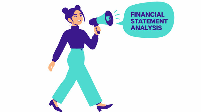 Woman with megaphone announcing financial statement analysis.