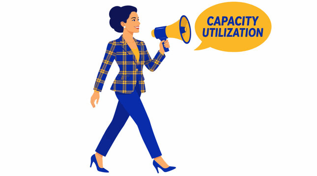 Businesswoman holding megaphone with capacity utilization text.