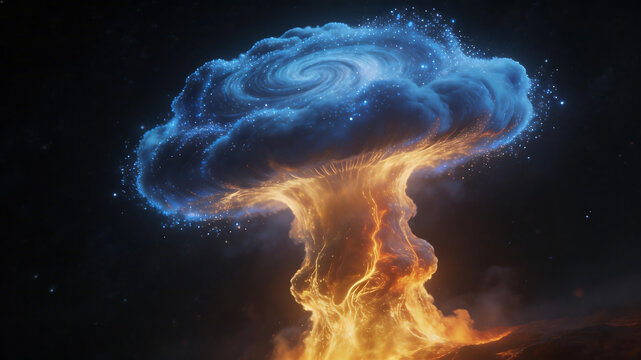 Cosmic explosion with fiery mushroom cloud