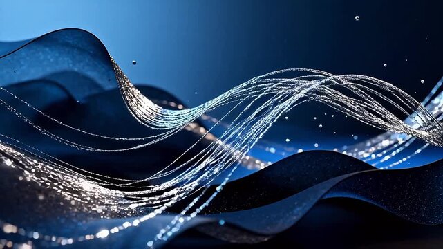 Abstract flowing light strands on dark blue waves