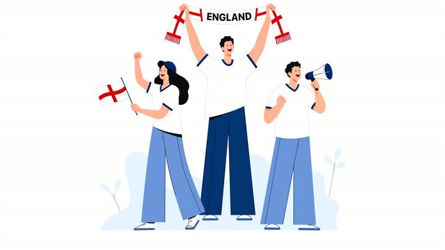 Editorial vector animation of England football supporters celebrating victory with flags, scarves, and cheers. Modern flat character motion graphics for soccer, sports events, and English fan culture.