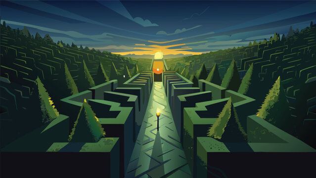 Complex hedge maze labyrinth at sunset with garden path maze runner labyrinth landscape challenge twilight perspective adventure wayfinding structure geometric background exploration
