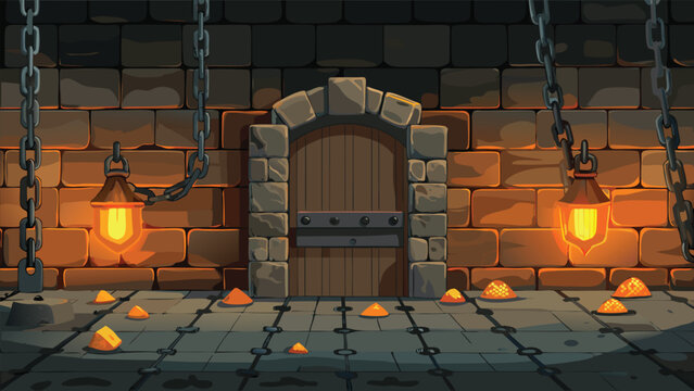 Ancient stone dungeon hallway with burning torches and scattered gold coins treasure medieval interior lighting dramatic historic fortress atmosphere background underground architecture