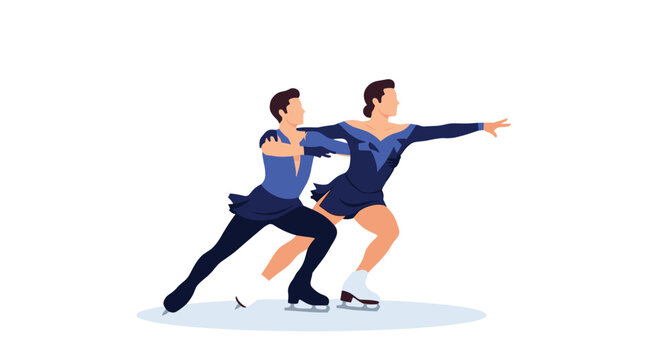Professional figure skaters in elegant blue costumes perform a graceful and synchronized routine on the ice rink.