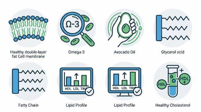 Healthy Fats and Lipid Profile Medical Icon Set for Nutrition and Science.