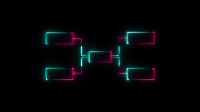 Neon Glowing Tournament Bracket or Organization Chart - Futuristic Business Process Flow, Data Structure, Hierarchy Diagram and Network Connection Motion Graphics Animation.