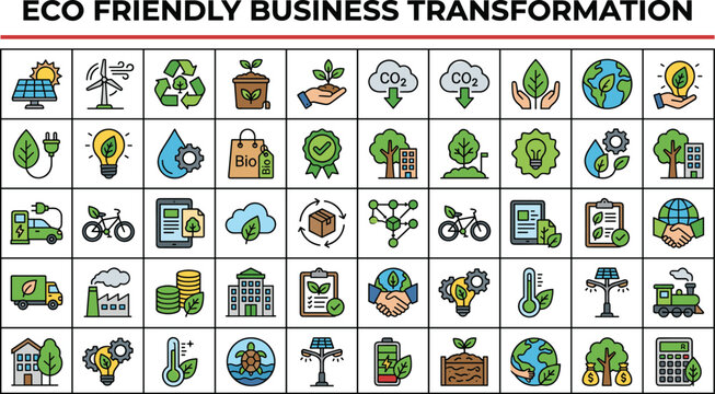  Eco friendly business transformation vector icon set for corporate sustainability esg compliance green energy and environmental reporting presentation
