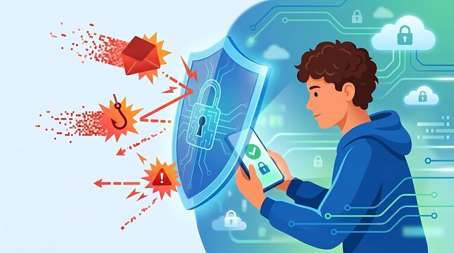 Young man using smartphone protected by digital cybersecurity shield against online threats.