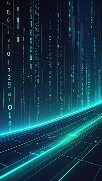 Abstract digital background with glowing cyan binary code streams and perspective grid floor.