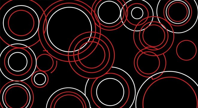 Abstract red and white circles on a black background, modern design.