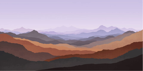 Fototapeta premium Majestic layers of mountains, painted in soft earthy tones of ochre, brown, and grey, stretch across the horizon under a serene, pastel-hued sky, creating a breathtaking vista of natural grandeur.