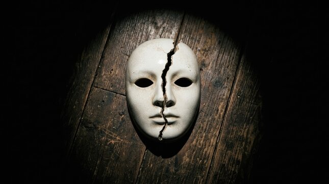 Broken white mask with crack down the middle on a dark wooden background surface