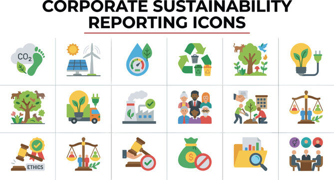 Corporate sustainability reporting vector icon set for environmental social governance business policy green energy compliance and presentation graphics