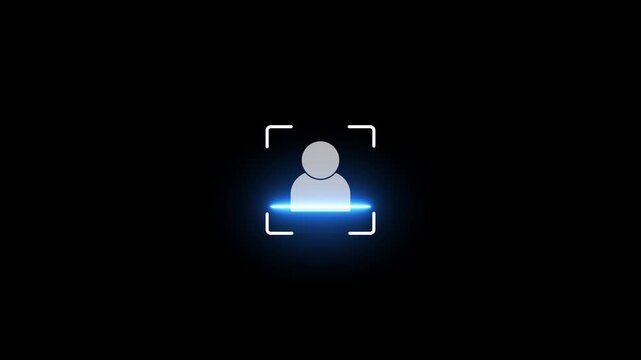 Face ID Verification Loop Animation with Facial Recognition Scanner Symbol and Glowing Blue Laser Line, On a Black Background, With 4k Video Animation.