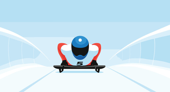 High speed action illustration of a skeleton bobsled athlete racing headfirst down an icy track during a winter sports competition.