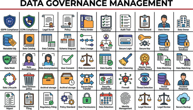 Data governance management vector icon set for corporate regulatory compliance privacy security database administration web development and infographic design