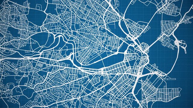 Ink reveal animation of Boston city, Massachusetts (MA), United States of America, grid map. Aerial top view. Blueprint style. White lines with blue background. 4K Seamless loop.