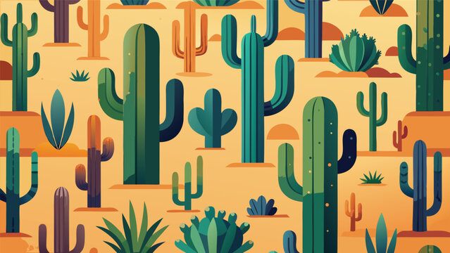 Seamless vector pattern illustration of various desert cacti with succulent seamless landscape botanical tropical illustration wallpaper southwest background backdrop decorative environment