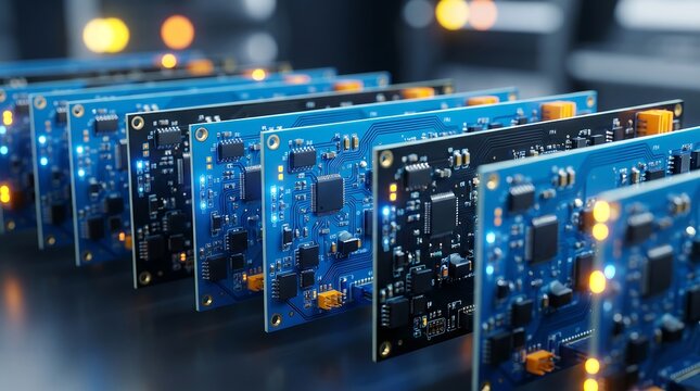 Rows of hightech electronic circuit boards arranged in a server rack for industrial computing and data processing