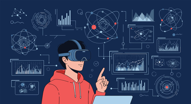 Young man wearing a virtual reality headset interacting with floating digital data screens and complex scientific diagrams.