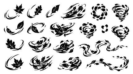 Fototapeta premium Collection of various black swirling leaf and flower illustrations on white