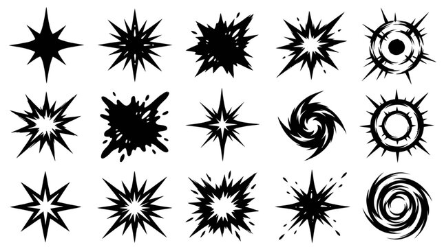 A collection of various dynamic explosion graphics displayed on a plain surface