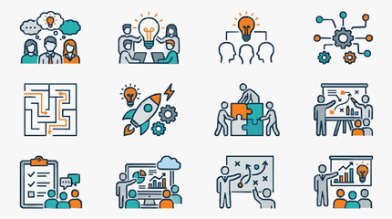 Fototapeta premium Corporate Innovation and Teamwork Concepts Illustrated with Colorful Icons Lightbulbs Gear Systems and Strategic Planning Visuals