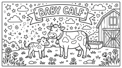 Adorable Calf with Its Mother in a Busy Farmyard Scene on a Bright Day. © pixmastock