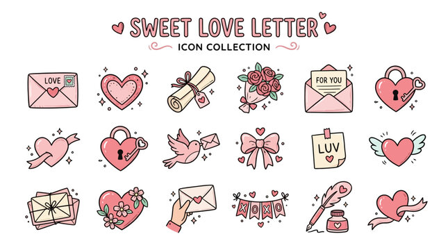 Sweet love letter and heart icon collection for Valentine's Day.