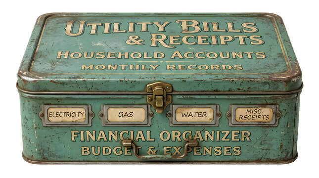 Vintage Metal storage box for utility bills and household financial accounts and expenses isolated on white background
