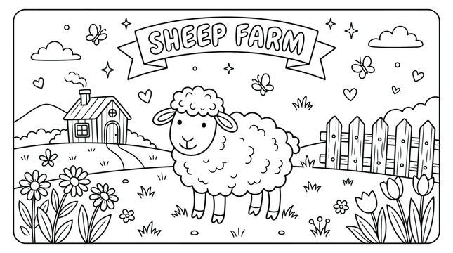 Pastoral farm scene with a cheerful sheep and rustic barn on a sunny day.